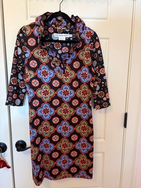 Gretchen Scott Designs Black Dress with Orange, Blue & Olive Geometric Print